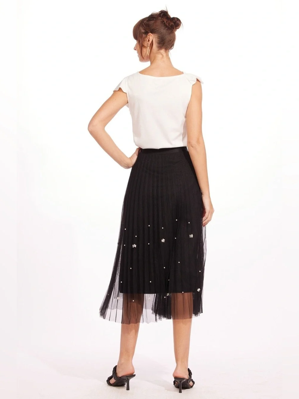 Eva Franco Pleated Mesh Tulle Black Midi Skirt Medium Whimsygoth Balletcore NWT - Picture 2 of 7